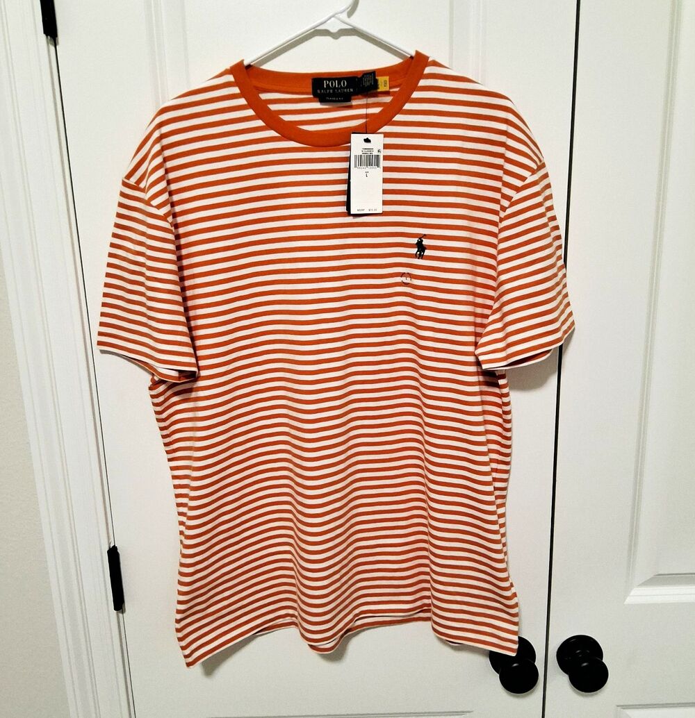 Polo Ralph Lauren Men's Striped Classic Fit SS T-Shirt Orange/White Size Large